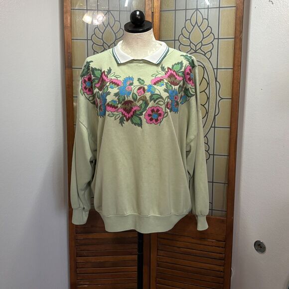 Vintage 90s Floral Collared Crewneck Sweatshirt Preppy Made in USA Size XL - Picture 1 of 8
